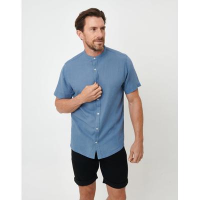 Threadbare Men's Denim Blue Grandad Collar Linen Blend Short Sleeve Shirt