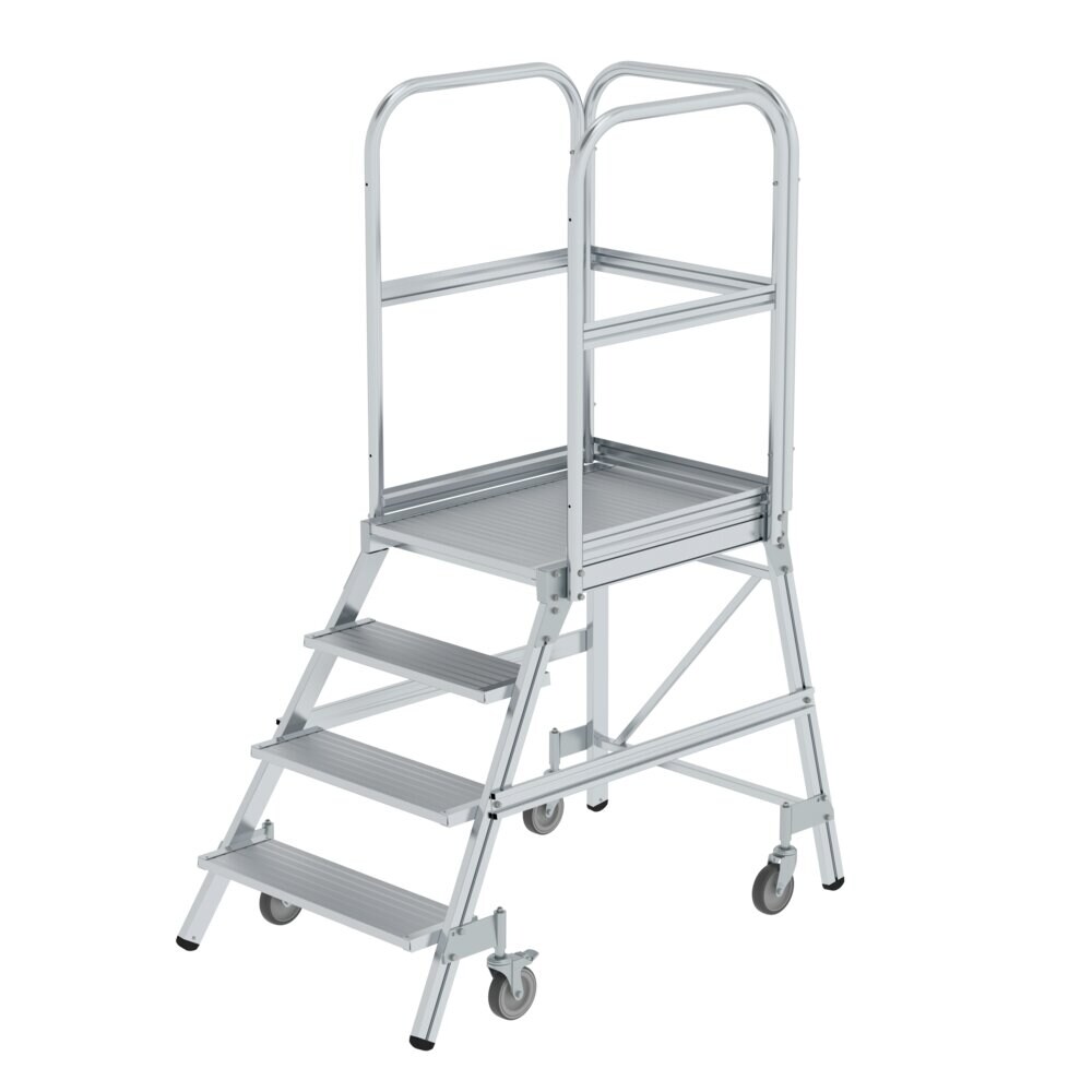 PROREGAL Podesttreppe einseitig begehbar mit Federrollen | Aluminium geriffelt | 4 Stufen | Rutschsichere Leiterschuhe Image