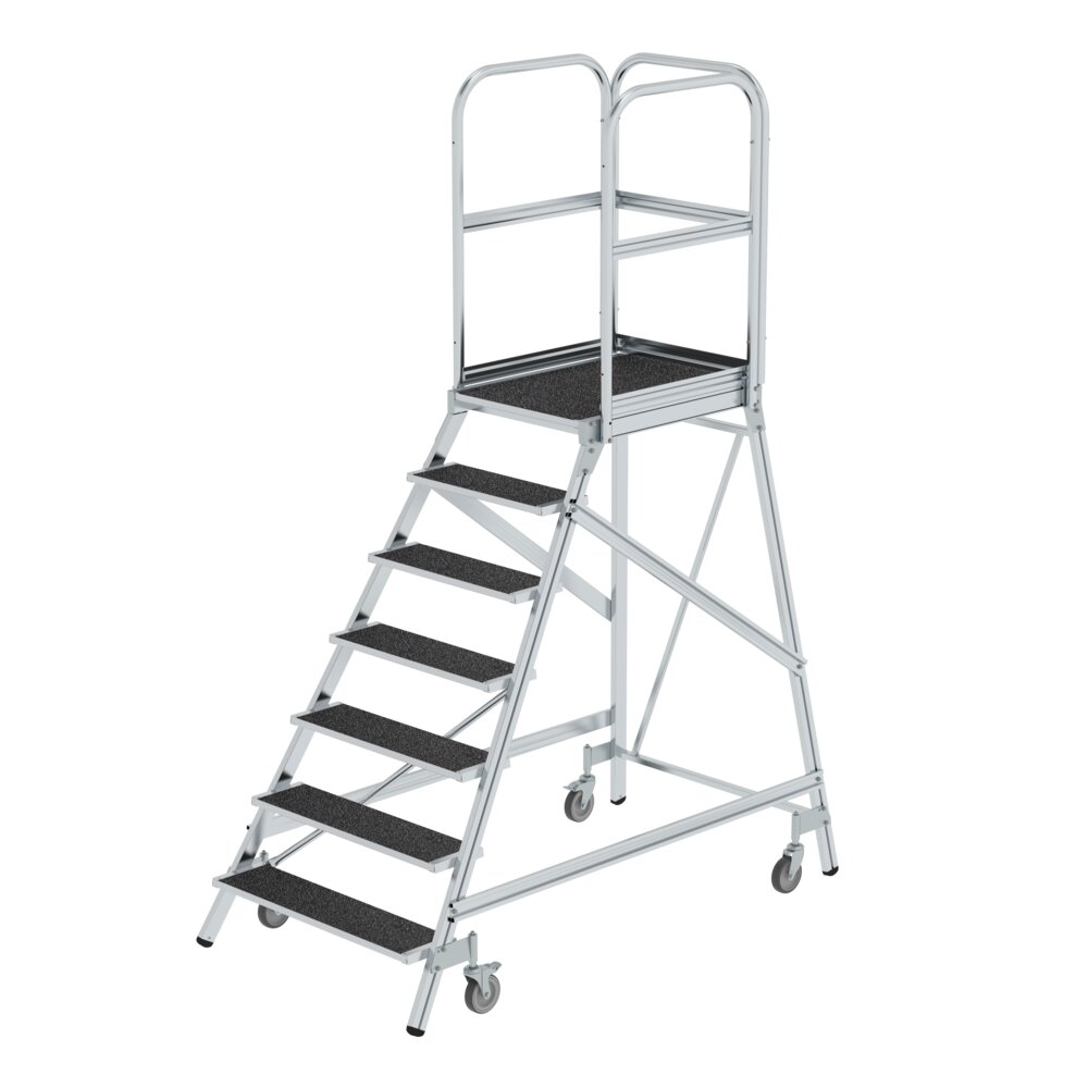 PROREGAL Podesttreppe einseitig begehbar mit Federrollen | Korundbeschichtung R13 | 7 Stufen | Rutschsichere Leiterschuhe Image