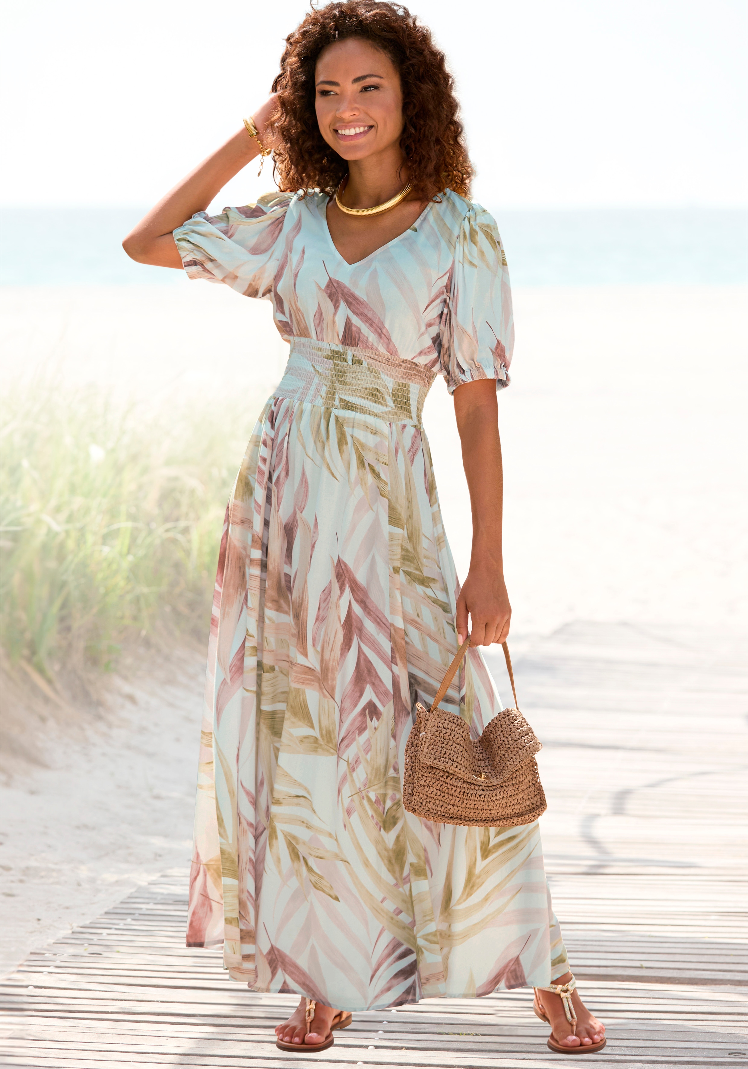 Maxikleid LASCANA, Damen, Gr. 44, N-Gr, orange (sand, orange bedruckt), Web, Obermaterial: 100% Viskose, bedruckt, figurumspielend knöchellang, tiefer V-Ausschnitt, elastischer Bund mit innenliegendem Gummizug, Kleider, mit Alloverprint und... Image
