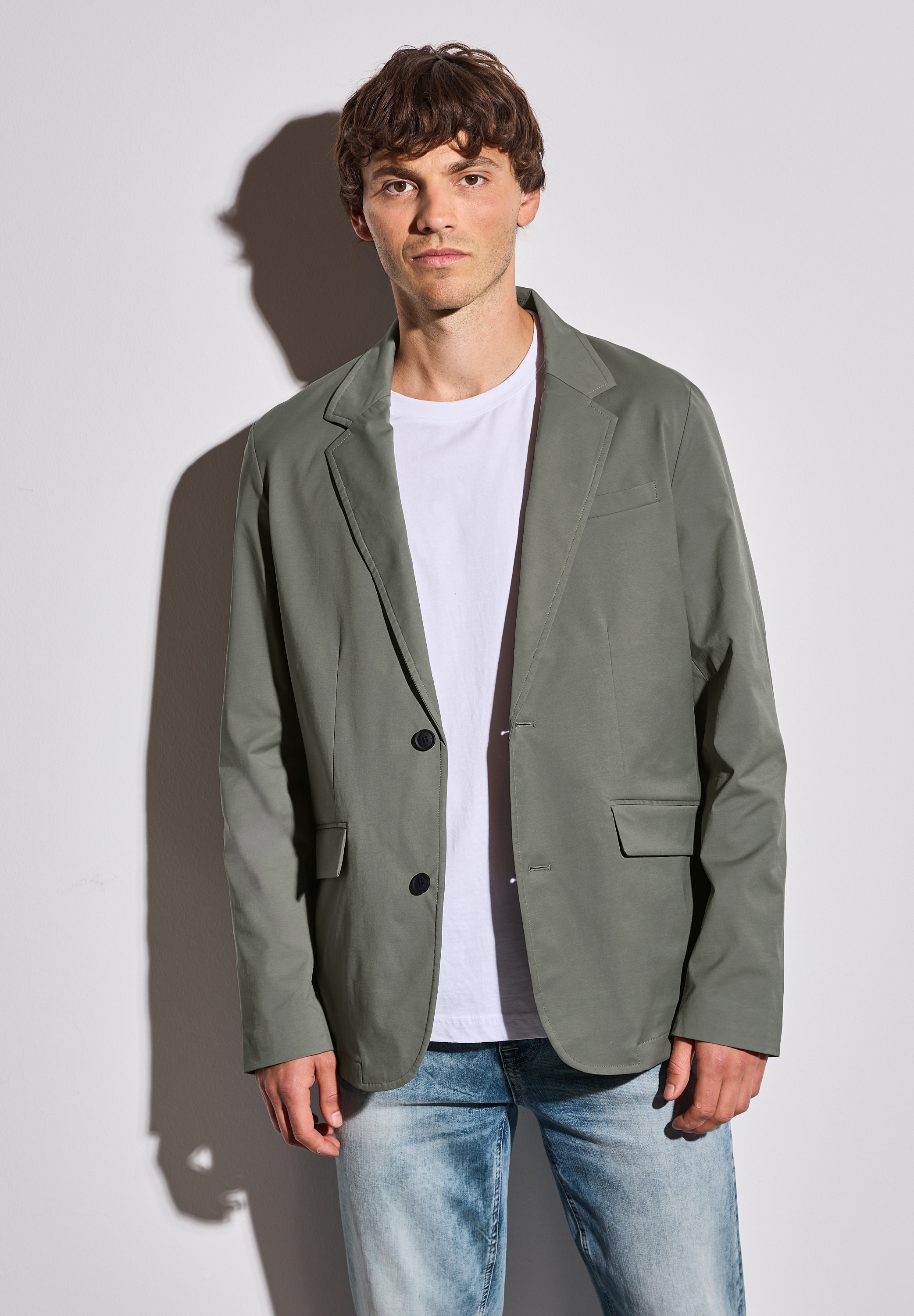 Sakko STREET ONE MEN, Herren, Gr. XXL46, grün (natural grün), Web, Obermaterial: 54% Baumwolle, 43% Nylon, 3% Elasthan; Futter: 100% Polyester, unifarben, Casual, gerade normal, V-Ausschnitt, Bündchen, Sakkos Sakko, aus softem Materialmix
