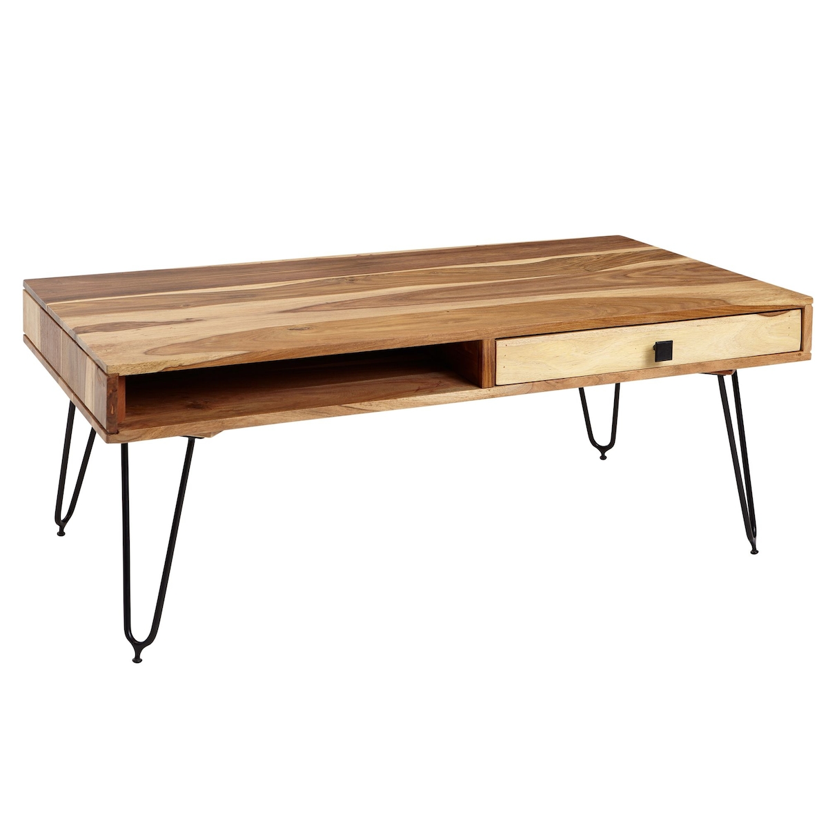 KADIMA DESIGN Couchtisch BAGLI Massiv-Holz Akazie 110 cm breit Wohnzimmer-Tisch Design Metallbeine Landhaus-Stil Image