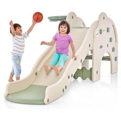 COSTWAY Rutsche Outdoor, 4 in 1 Kinder Rutsche & Tunnel & Basketballkorb & Leiter, Elefant Image