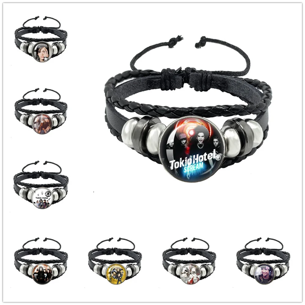 Tokio Hotel Pop Retro Rock Band Bill Kaulitz Band Schwarzes Seil Knopf Glas Cabochon Lederarmband Schmuck Charm Fans Geschenk Image