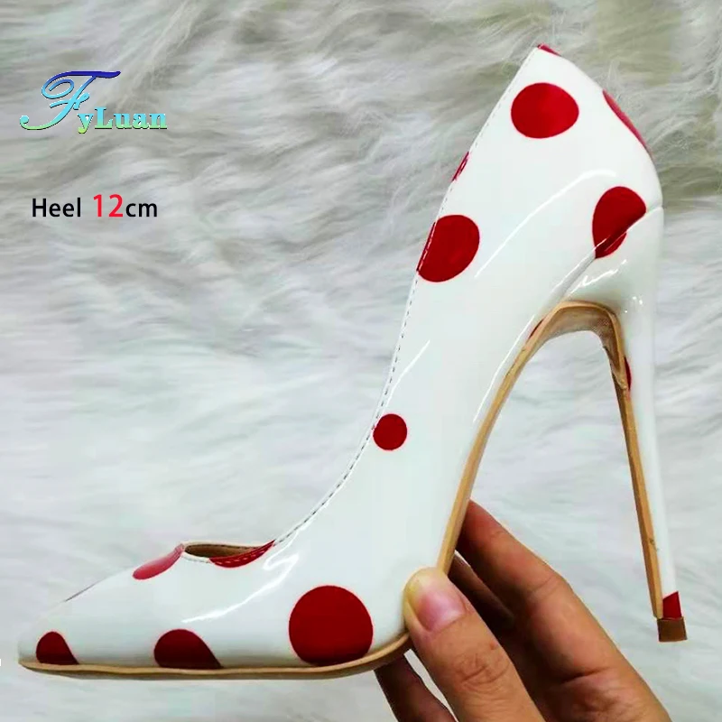 Frauen Party High Heels Mode Rot Und Weiß Spitz 8-12CM Nette Rote Polka Dot Sexy Gedruckt elegante Einzelnen Schuh Große Größe 43