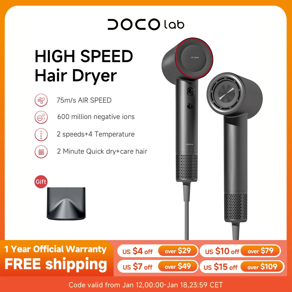DOCO Haartrockner Hochgeschwindigkeit 600 Millionen Negative Ionen Haarpflege Professionell Leichtgewicht Heim Reise Geschenk 110000 U/min Image