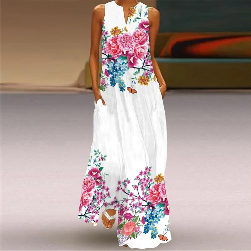 Frauen Neue 3D Floral Print Weißes Kleid Casual Große Größe V-ausschnitt Lange Kleider Sommer Frau Ärmellose Strand Maxi Kleid Robe Vestidos