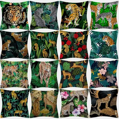 Polyester-Kissenbezug mit Tiger- und Leopardenmuster, Polsterung, Sofakissen, Palmblatt, tropischer Image