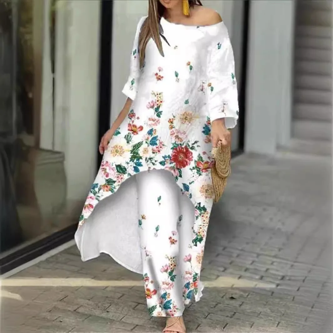 Elegante Botanische Blume Drucken Zwei Stück Sets Sonnenschutz Lange Top Casual Lose Weibliche Anzüge Gerade Breite Bein Hosen 2025 Image