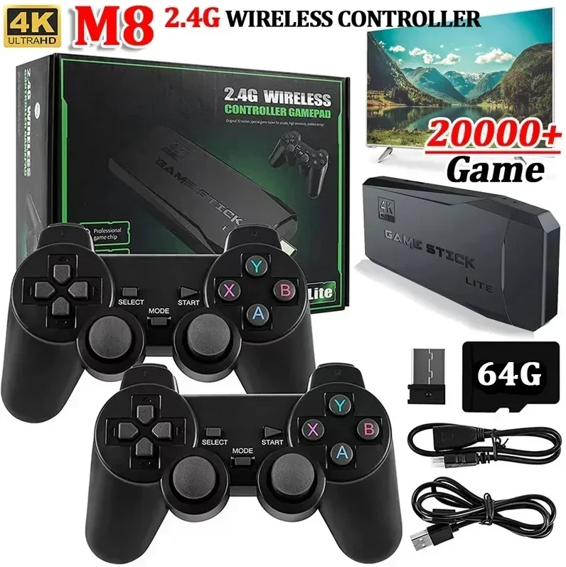 Videospiel Stick Lite 4K Videospiel M8 Konsole 64 GB Doppel Wireless Controller für 10000 Retro Spiele Kind Weihnachtsgeschenk PS1 GBA