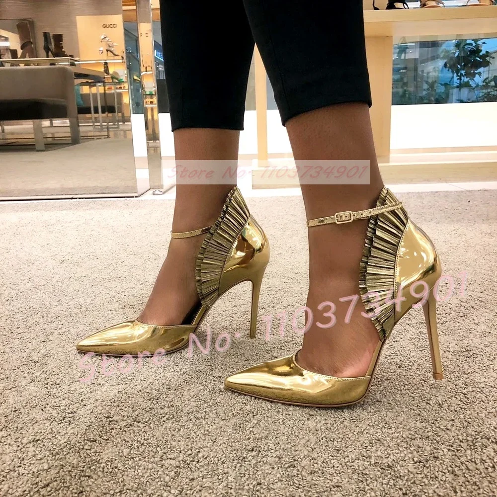 Gekräuselte Metallic Gold Pumps Frauen Luxus schicke spitze Zehen High Heels Party Schuhe weibliche Sommer Knöchel riemen Abdeckung Absatz sexy Schuhe
