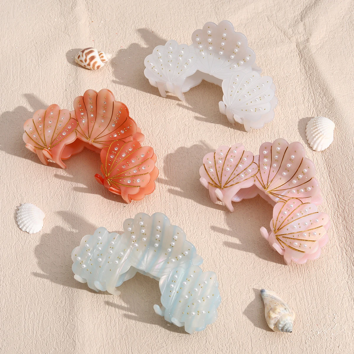 1 Stück Acetat-Perlen-Muschel-Griffclip, süße und niedliche Haarnadel-Muschel-Punktbohrer, hochwertiger Hai-Clip, geeignet für den Strandtourismus am Meer Image
