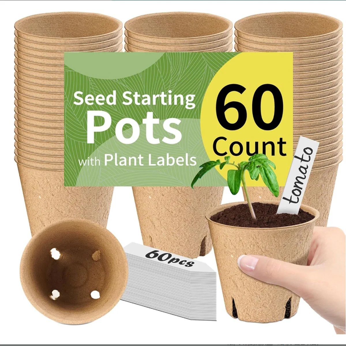 Umweltfreundliche, biologisch abbaubare Sämlingstöpfe – nachhaltige Pflanzenzellstoff-Sämlingstöpfe mit Abflusslöchern, einschließlich kostenloser Pflanzenmarkierungen für die Hausgartenarbeit Image
