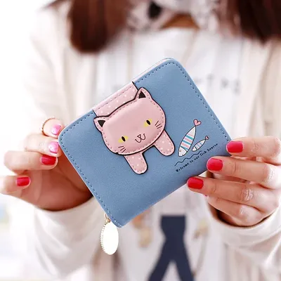 Women's Wallets Cute Cat Catch Fish Pattern Zip Short Wallet Leather Credit Card Holder Bag Students Cartoon Folding Coin Purse