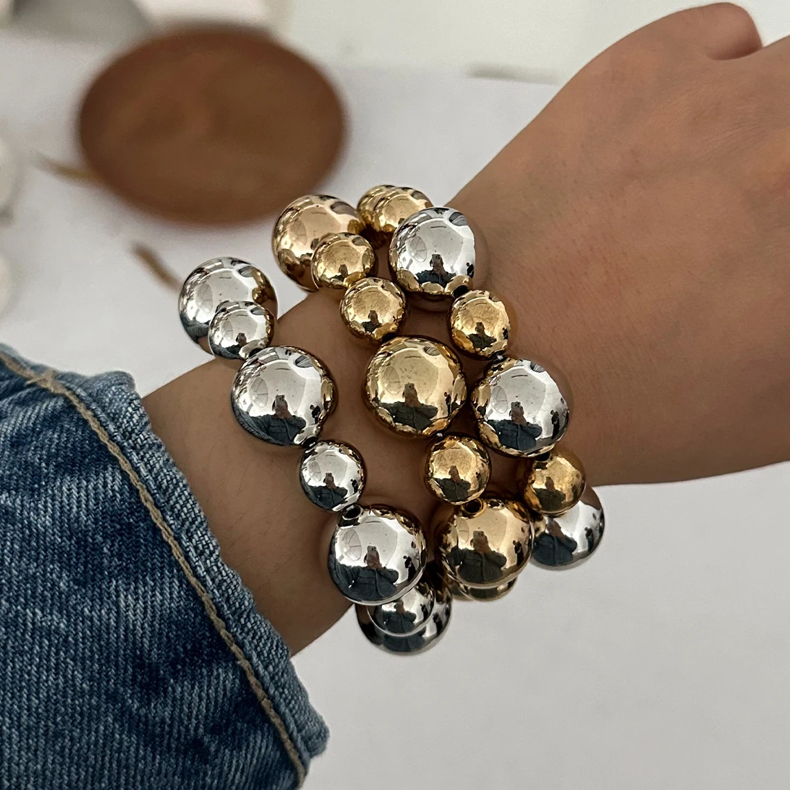 KunJoe 3 Teile/satz Trendy Gold Farbe Silber Farbe Kunststoff Perlen Kette Armbänder für Frauen Hip Hop Elastische Seil Große Ball armreifen