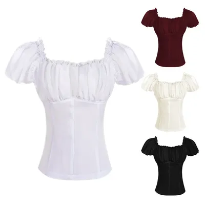 Damen Mittelalterliche viktorianische Bluse Korsett Taille Kurzarm Renaissance Lady Pirate Top Image