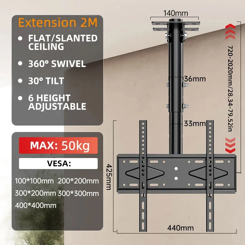Decken-TV-Halterung, voll bewegliche TV-Halterung für die meisten 32–65 Zoll flachen, gebogenen Fernseher/Monitore, drehbare, neigbare, höhenverstellbare hängende TV-Halterung Image