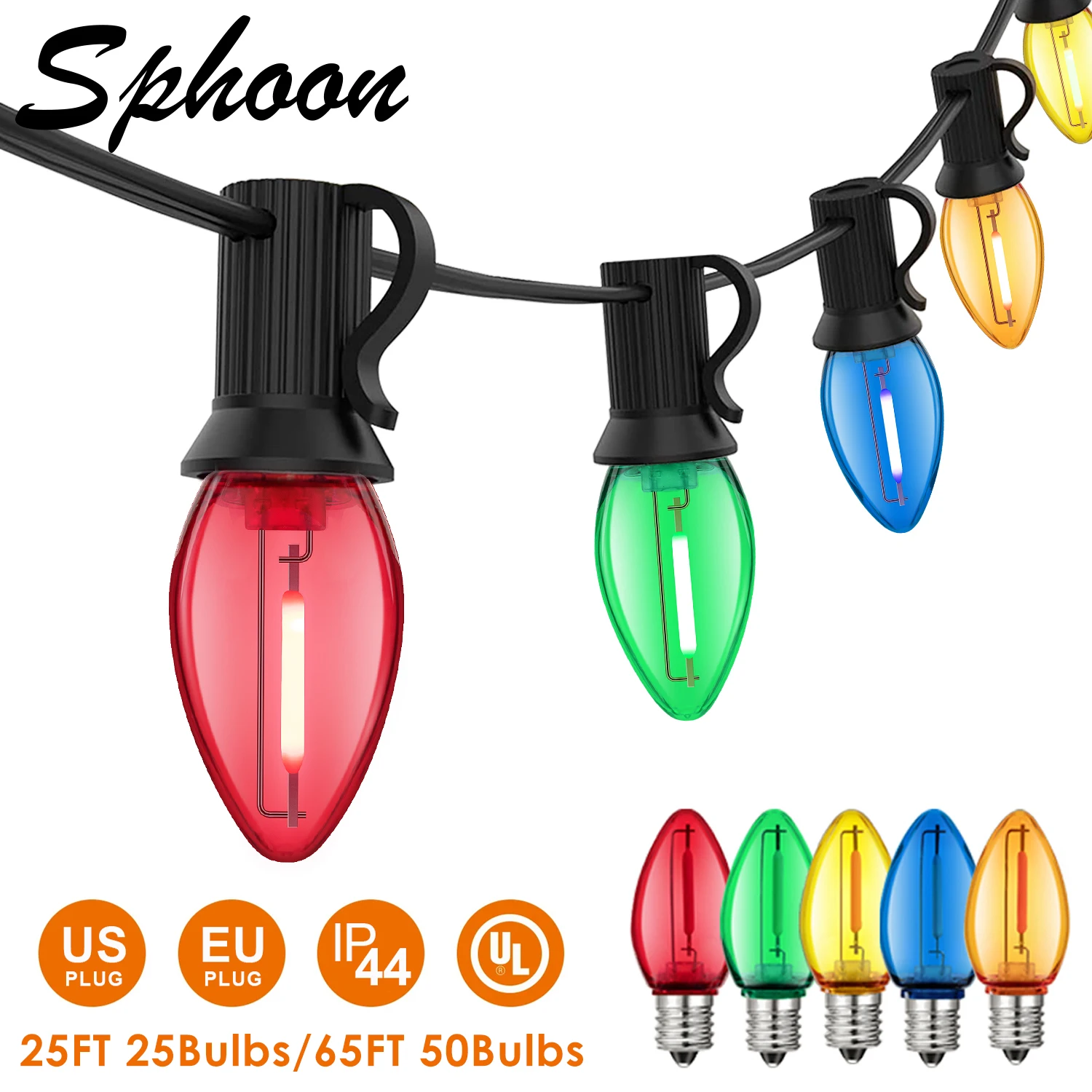 Mehrfarbige Außen-Lichterkette, 25 Fuß, 65 Fuß, Kunststoff, bruchsicher, C7-Girlande, RGB-Lichterkette für Hinterhof-Gartendekoration