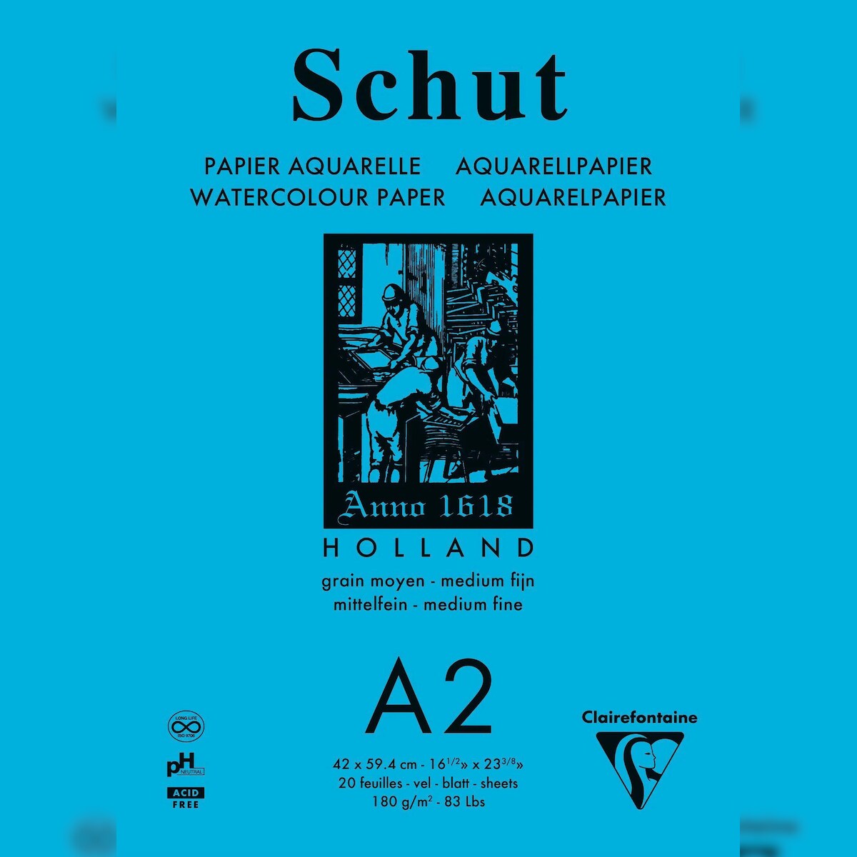 Clairefontaine Schut Aquarellblock A2 geleimt, 20 Blatt weiß 250g, mittelfeine Körnung - 975736C Image