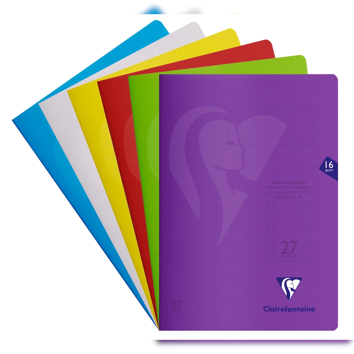 Clairefontaine 25x S'coolbook, Schulheft A4 Lineatur 27, durchgehend liniert mit Rand, 16 Bl 90g, Umschlag aus PP, Farben sortiert - 303227C Image