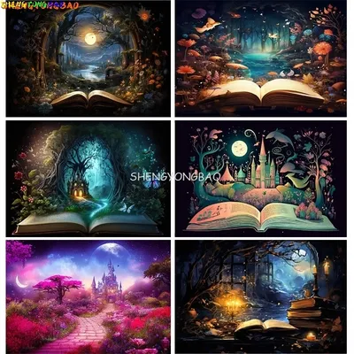 Fantasy Fairytale Photography Backdrops Pink Rose Open Magical Book With Fantasy Landscape Forest