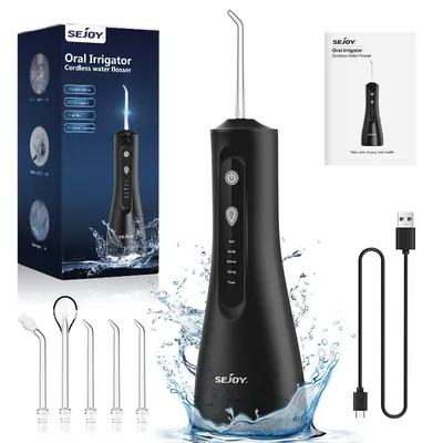 Sejoy Cordless Water Dental Flosser for Teeth Cleaning Denture Brushes 5 Tips IPX7 Portable Oral