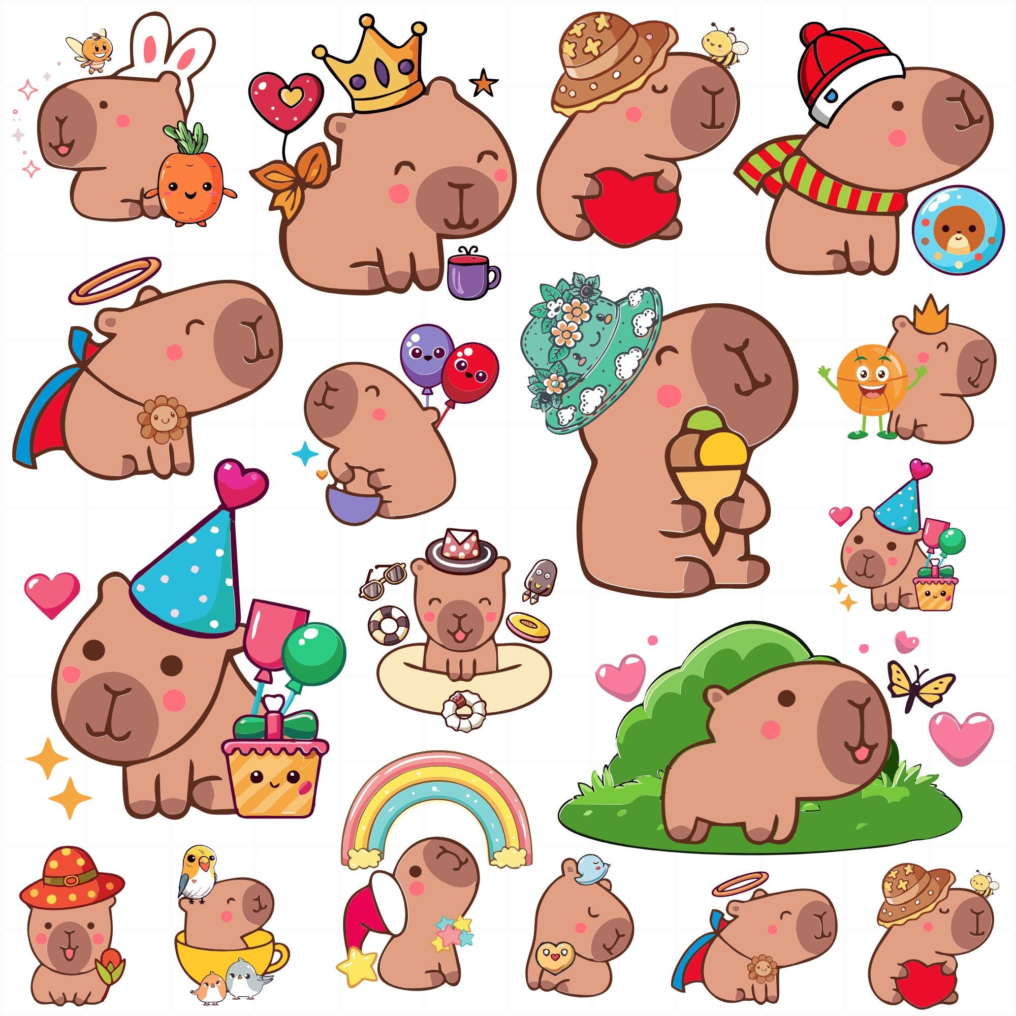 Carino Capibara PNG, Pacchetto Capibara SVG, Clipart divertente Capibara, Adesivo digitale cartone animato anime, file per cricut, Set di illustrazion