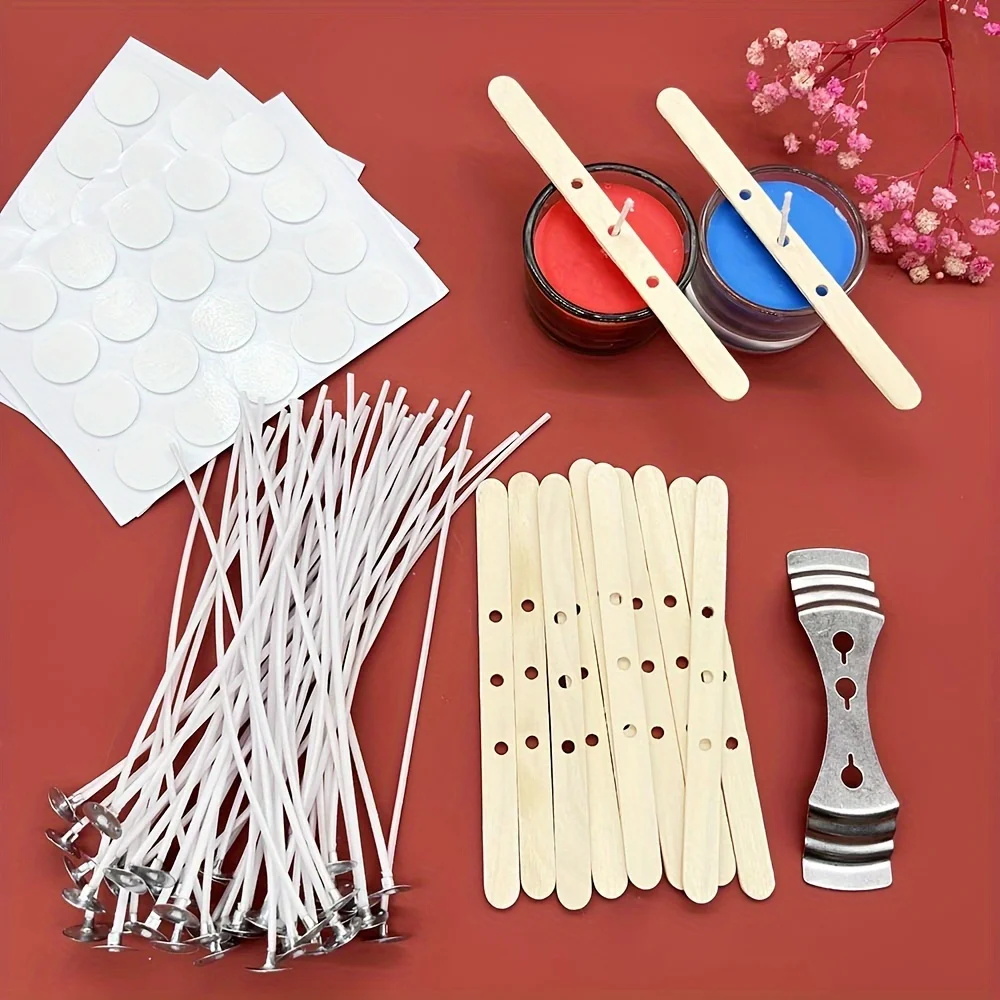 Kit fai da te per realizzare candele, stoppini per candele, adesivo per stoppini da 60 pezzi, stoppini in cotone cerato da 50 pezzi con linguette di sostegno in metallo per realizzare candele