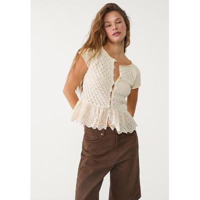 Stradivarius Ruffled knit top with buttons Vanilla M