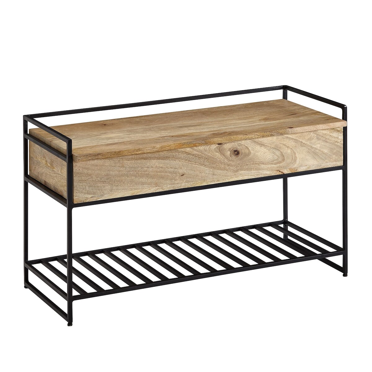 KADIMA DESIGN Sitzbank mit Stauraum 90x52x38 cm Mango Massivholz / Metall Flurbank Braun, Schuhbank mit Sitzfläche Klein, Schmale Garderobenbank mit Image