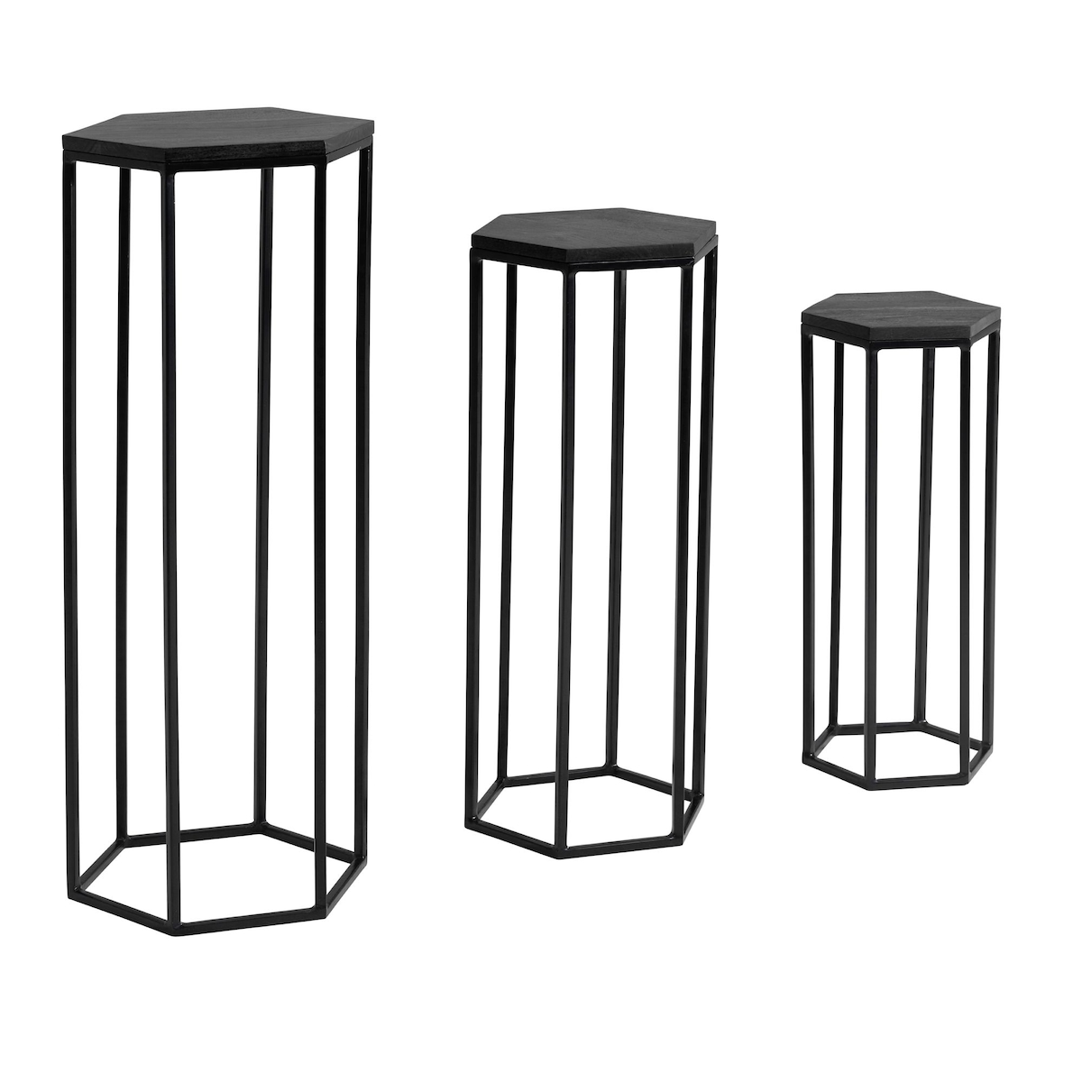 KADIMA DESIGN Beistelltisch 3er Set Mango Massivholz / Metall Satztisch Sechseckig, Säulentisch Pflanzentisch 3-teilig Schwarz, Blumenständer Blumentisch Image
