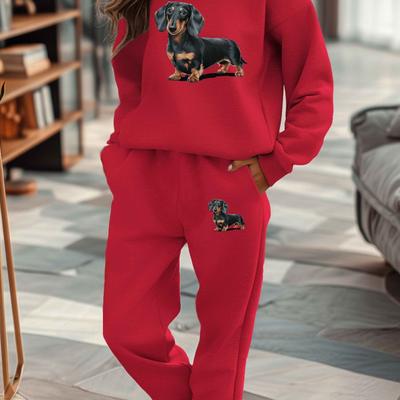 TEMU Adorable Cartoon-style Sweatshirt And Sweatpants Set Featuring A Dachshund Dog For Women. Image