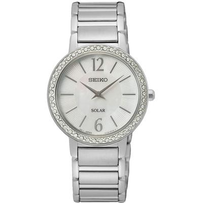 Solaruhr SEIKO, silber (silberfarben), Armbanduhren, Damen, Armbanduhr, Damenuhr, Perlmutt-Zifferblatt, Kristallsteine, Edelstahl Image