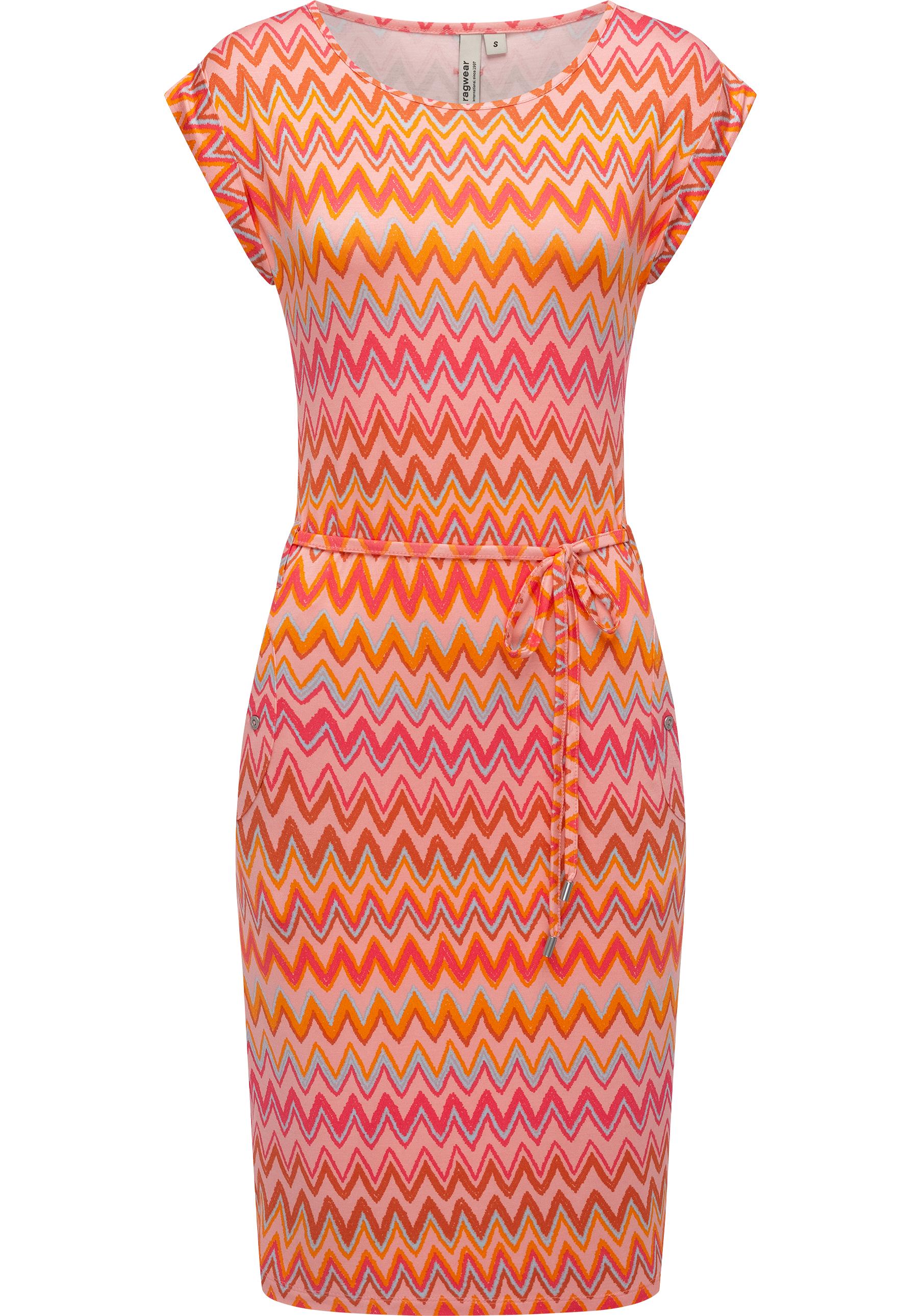 Sommerkleid RAGWEAR "Taggien Print", Damen, Gr. M (38), Normalgrößen, orange (pfirsich), Material: 95% Viskose, 5% Elasthan, figurumspielend knielang, Rundhals, Ärmel ohne Ärmelschlitz, Kleider Sommerkleid, Leichtes, bequemes Midikleid mit Muster