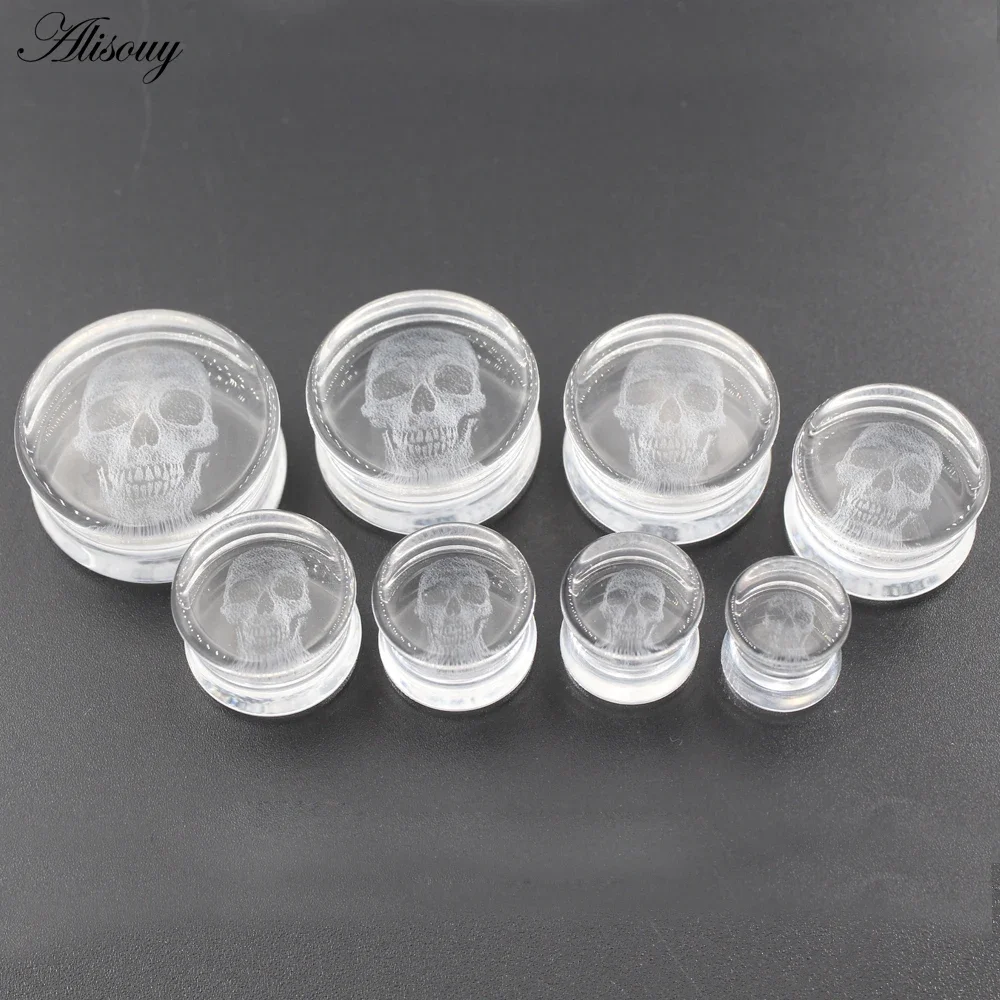 Alisouy 2PC Neue Transparente Glas Schädel Ausgestelltes Ohr Tunnel Plugs Flesh Stretcher Expander Messgeräte Ohrringe Piercing Körper Schmuck Image