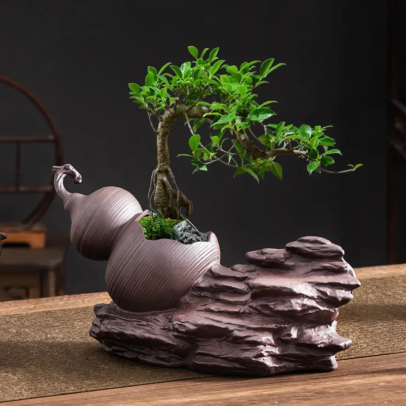 Chinesische lila Sand Bambus Landschaft Becken Hause Zen Kürbis Blumentopf Keramik Home Desktop Juni Schnee Topf Dekoration Image