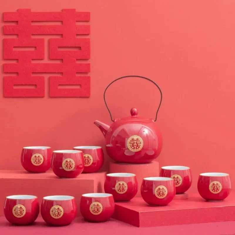 Tradition Red Ceramic Tea Set Round Tray Handmade Teapot Kettle Teacups Household Chinese Wedding Teaware Sets Luxury Gifts