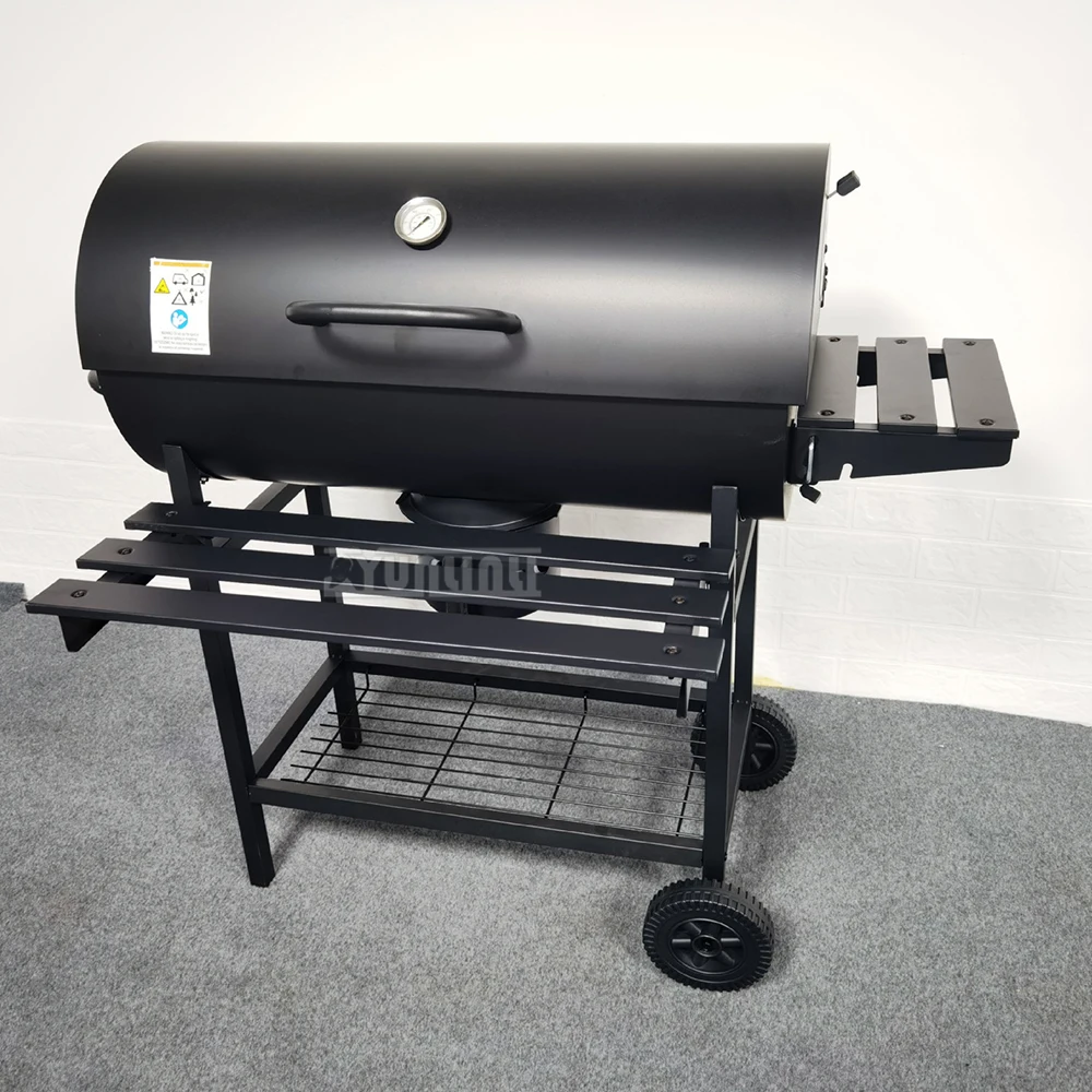 Holzkohlegrill Barrel-Stil BBQ Holzkohlegrill mit drei Gegenständen Racks Thermometer Doppelschicht verchromtes Eisen Backen Image