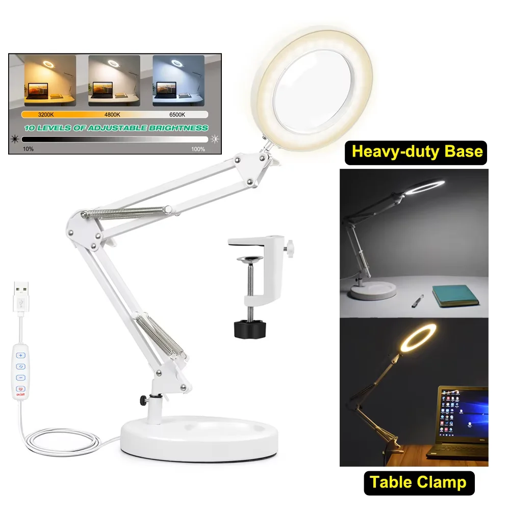 5-fache Lupe mit Licht und Klemmständer, 5-fache Echtglaslinse, Vergrößerungs-Schreibtischlampe, 3 Modi, stufenlos dimmbar, LED-beleuchtet