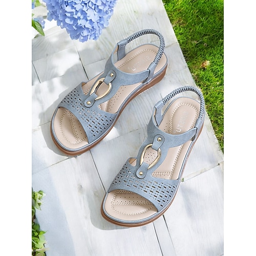 Bequeme Slip-On-Sandalen mit Cut-outs für Damen – flache Sandalen mit offener Spitze und Metallakzent für die Freizeit und den Außenbereich Image