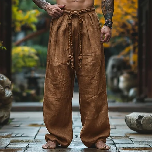 Herren Leinenhosen Hose Sommerhose Baggy-Hosen Kordelzug Elastischer Bund Gerader Schnitt Einfach Komfort Atmungsaktiv Volle Länge Outdoor Yoga Fitnessstudio Designer Retro Vintage Cachi scuro Image