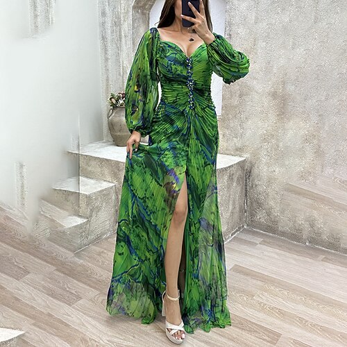 Damen Langes Kleid Maxikleid Partykleid Gerafftes Kleid Mode Abendgesellschaft Party Normale Passform Blume Langarm V Ausschnitt Blau Gelb Wein Grün Sommer Image