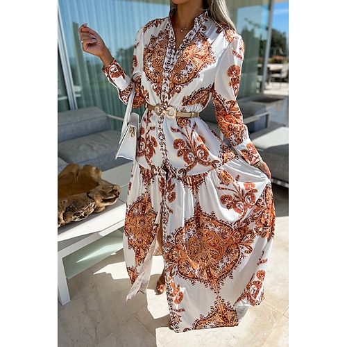 Damen Midikleid Hemdblusenkleid Blumenkleid Boho-Kleid Druckkleid Mode Ferien Ausgehen Normale Passform Blume Langarm V Ausschnitt Orange Grün Grau Sommer Image