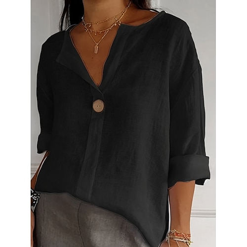 Damen Baumwolle Leinen Mini Kleid Hemd Kleid Basic Lässig Urlaub Täglich Reguläre Passform Einfarbig 3/4 Länge Ärmeln V-Ausschnitt Schwarz Weiß Rot Grün Sommer Image