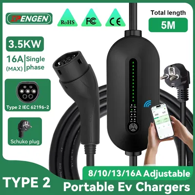 IPENGEN Type2 Portable EV Charger 3.5KW 16A Electric Car Charger EVSE Charging Cable Wallbox WiFi