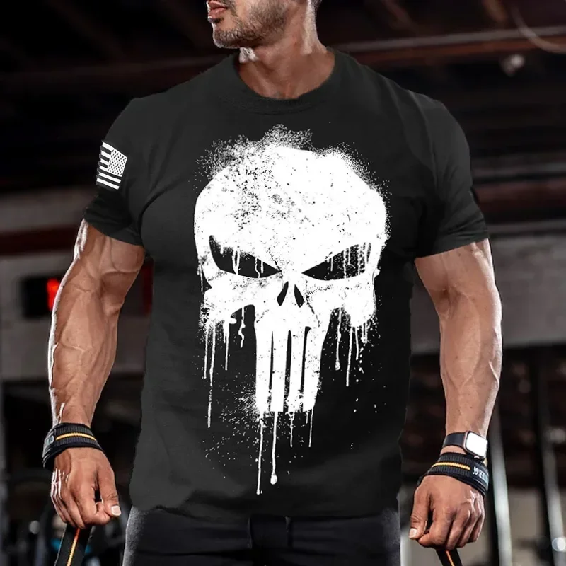 T-shirt da uomo vintage estiva T-shirt con stampa teschio militare T-shirt casual a maniche corte Pullover da uomo oversize T-shirt da esterno con scollo a O