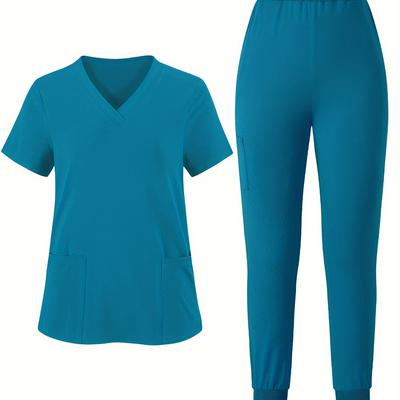 TEMU Elegant Two-piece Nurse Scrub Set In Teal - Soft V-neck Short Sleeve Top With & Cuff Joggers, Polyester , Machine Washable For , Apparel|jogger Pants| Clothing