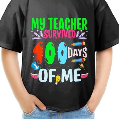 TEMU Roaring Into 100 Days Of School T-shirt Funny Letter Print Tees Casual Comfortable Short Sleeve Boys Summer Clothing