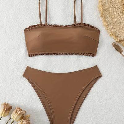 TEMU Women' Color Bikini Set With Lettuce Trim Detail, High Stretch Knit Fabric, Polyamide 80% Elastane 20%, Soft Padded Swimwear Image