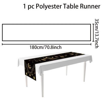 TEMU 1pc Elegant Ramadan Table Runner - Black & Golden With Crescent , Lanterns & Stars, 100% Polyester, Rectangular, Ideal For Eid & Living Room Decor, Ramadan Decoration Image